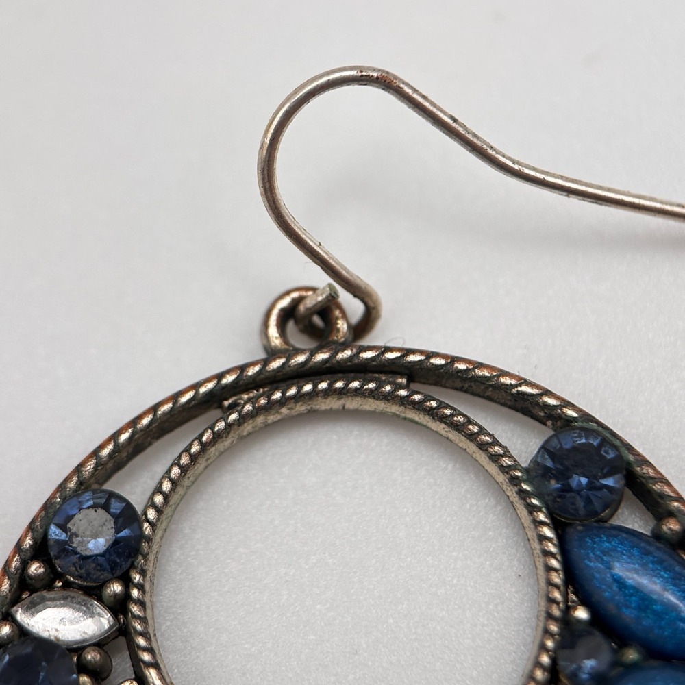 Vintage 90s Bronze Tone Open Hoop Dangle Earrings Multi Blue Rhinestone Jewelry - Picture 6 of 11